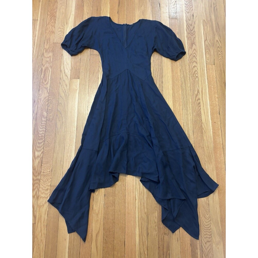 Cult Gaia Vienna Dress Asymmetric Hem Navy Blue Size 0 Puff Sleeve V Neck Maxi - Picture 2 of 9